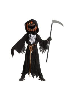 Child Boy Scarecrow Pumpkin Reaper costume and Kids Pumpkin Head for Halloween Cosplay, Role Playing
