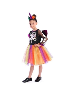 Wizland Halloween Skeleton Costume Kids, Girls Witch Tutu Dress with Dark Unicorn Headband,Wings.