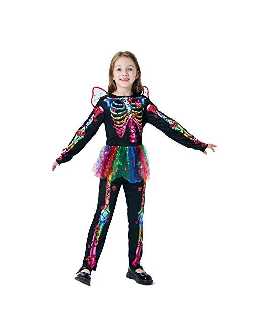 Wizland Halloween Skeleton Costume Kids, Girls Witch Tutu Dress with Dark Unicorn Headband,Wings.