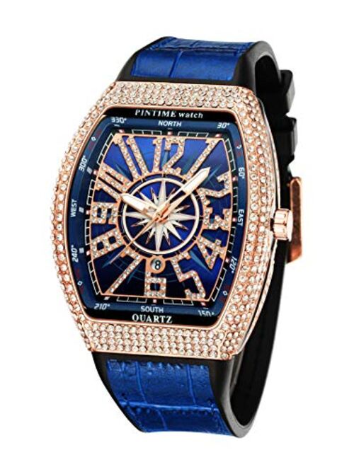 Luxury Men's Crystal Watch Tonneau Fashion Bling Iced Out Diamond Watch for Men Hip Hop Rapper