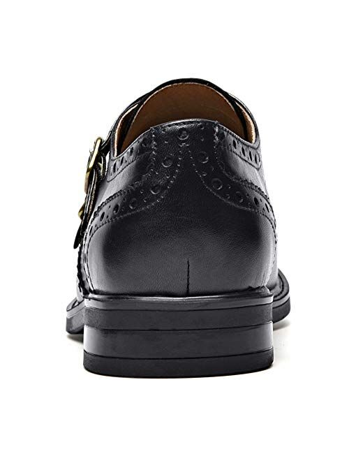 Beau Today Women's Leather Monk Strap Buckles Brogue Wingtip Oxford Dress Shoes Low Heel