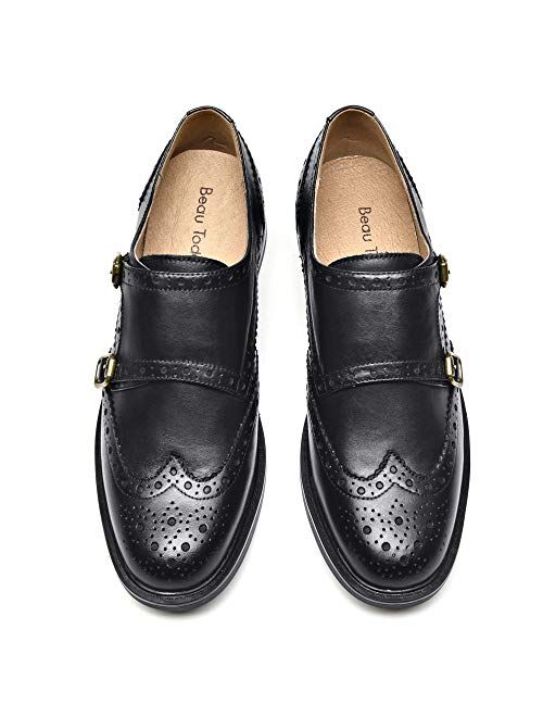 Beau Today Women's Leather Monk Strap Buckles Brogue Wingtip Oxford Dress Shoes Low Heel