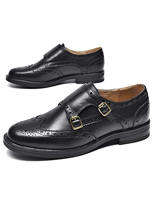 Beau Today Women's Leather Monk Strap Buckles Brogue Wingtip Oxford Dress Shoes Low Heel