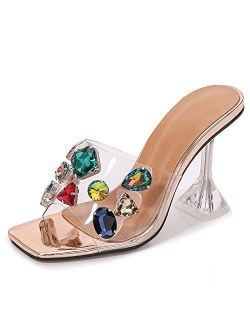 YIYA Women's Clear High Heel Slide Sandals Transparent Peep Toe Mules Stiletto High Heels Sexy Slip on Heeled Slippers Dress Shoes