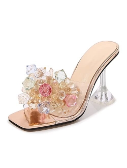 YIYA Women's Clear High Heel Slide Sandals Transparent Peep Toe Mules Stiletto High Heels Sexy Slip on Heeled Slippers Dress Shoes