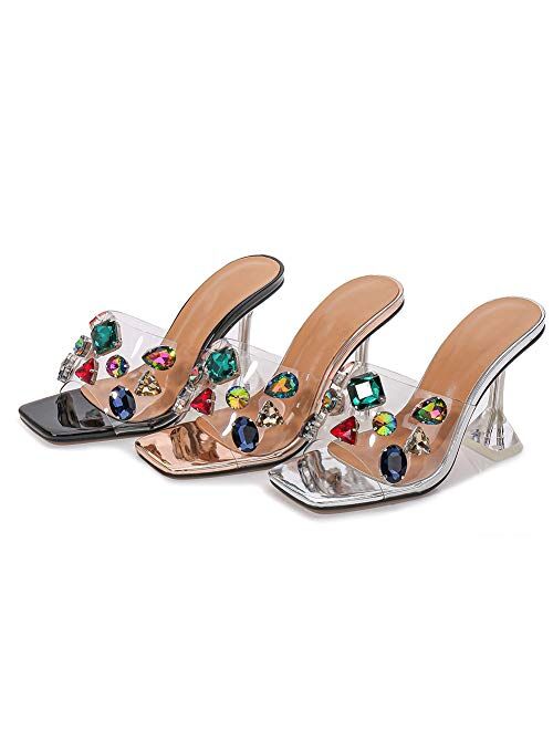 YIYA Women's Clear High Heel Slide Sandals Transparent Peep Toe Mules Stiletto High Heels Sexy Slip on Heeled Slippers Dress Shoes