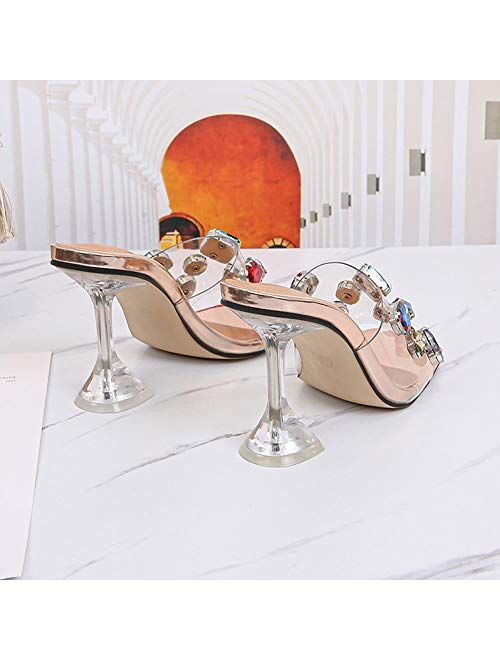 YIYA Women's Clear High Heel Slide Sandals Transparent Peep Toe Mules Stiletto High Heels Sexy Slip on Heeled Slippers Dress Shoes