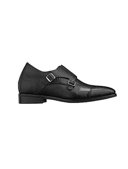 CALTO Men's Invisible Height Increasing Elevator Shoes - Leather Slip-on Dual Monk Straps Formal Loafers- 2.8 Inches Taller