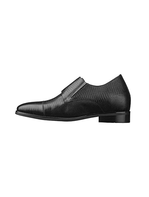 CALTO Men's Invisible Height Increasing Elevator Shoes - Leather Slip-on Dual Monk Straps Formal Loafers- 2.8 Inches Taller