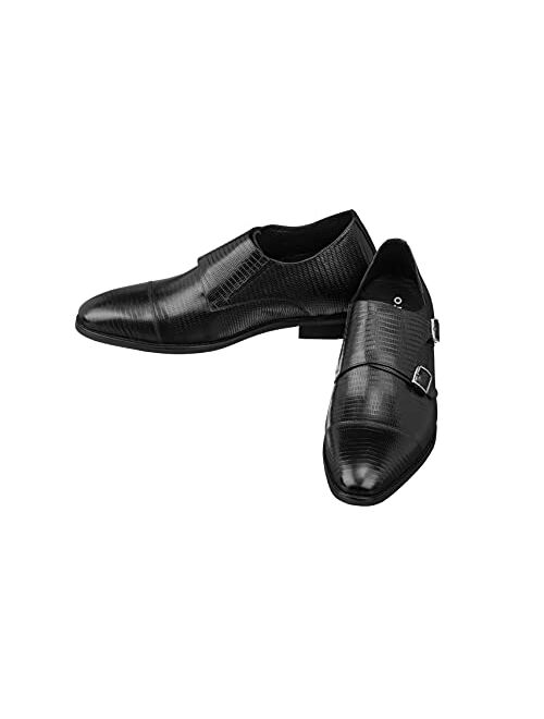 CALTO Men's Invisible Height Increasing Elevator Shoes - Leather Slip-on Dual Monk Straps Formal Loafers- 2.8 Inches Taller