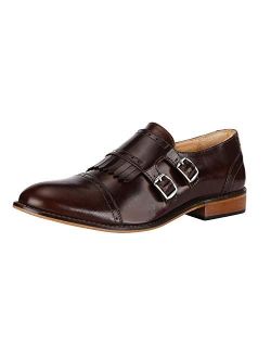 Liberty Men's Double Buckle Monk Strap Genuine Leather Cap-Toe Dress Shoes