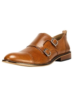 Liberty Men's Double Buckle Monk Strap Genuine Leather Cap-Toe Dress Shoes