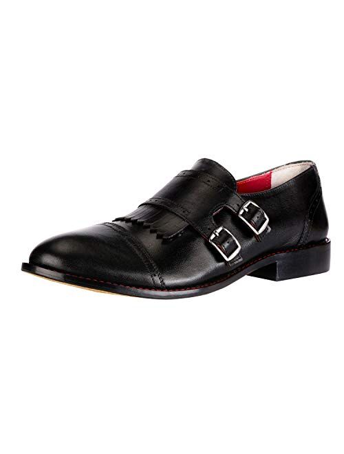 Liberty Men's Double Buckle Monk Strap Genuine Leather Cap-Toe Dress Shoes