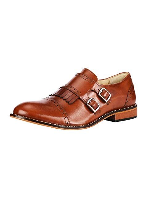 Liberty Men's Double Buckle Monk Strap Genuine Leather Cap-Toe Dress Shoes