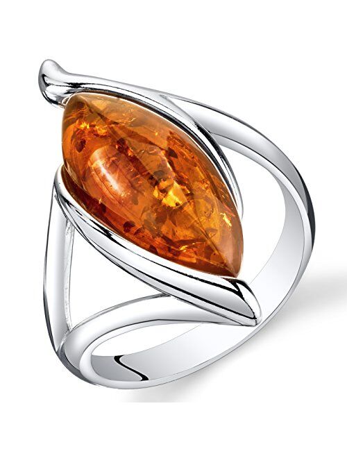 Peora Genuine Baltic Amber Ring for Women in Sterling Silver, Rich Cognac Color, Marquise Shape Elliptical Solitaire, Comfort Fit, Sizes 5 to 9