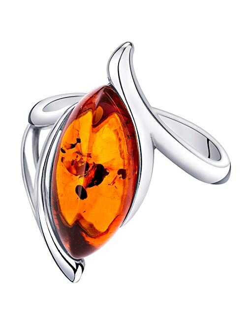 Peora Genuine Baltic Amber Ring for Women in Sterling Silver, Rich Cognac Color, Marquise Shape Elliptical Solitaire, Comfort Fit, Sizes 5 to 9