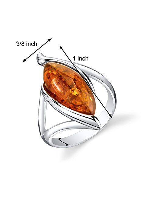 Peora Genuine Baltic Amber Ring for Women in Sterling Silver, Rich Cognac Color, Marquise Shape Elliptical Solitaire, Comfort Fit, Sizes 5 to 9