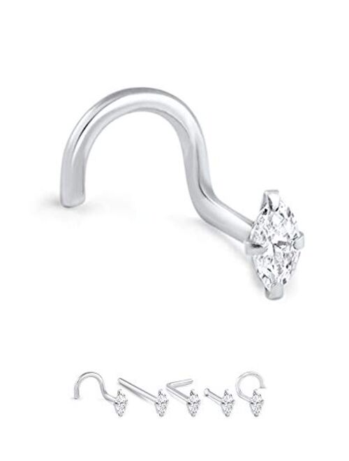 14k Solid White Gold Nose Ring, Stud, Nose Screw, L Bend, Nose Bone Marquise-Shape CZ 22G 20G or 18G