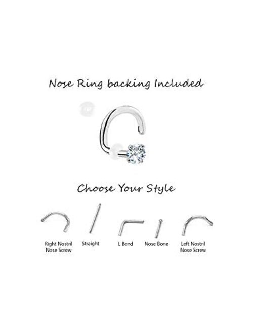 14k Solid White Gold Nose Ring, Stud, Nose Screw, L Bend, Nose Bone Marquise-Shape CZ 22G 20G or 18G