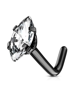 Forbidden Body Jewelry 20g Surgical Steel Fancy Marquise Shape CZ L Shaped Nose Ring