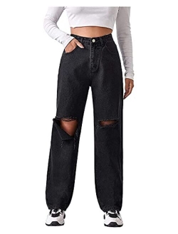 Women's Loose Distressed Mom Jeans Casual Wide Leg Straight Jeans Classic High Waist Boyfriend Denim Pants