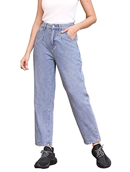 Women's Loose Distressed Mom Jeans Casual Wide Leg Straight Jeans Classic High Waist Boyfriend Denim Pants