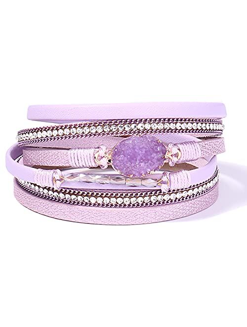 FANCY SHINY Leather Wrap Bracelet Boho Cuff Bracelets Crystal Bead Bracelet with Magnetic Clasp Jewelry Gifts for Women Teen Girls