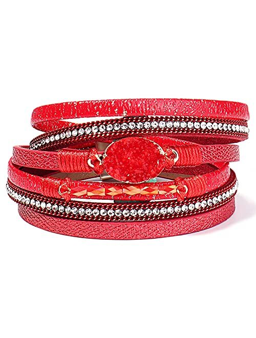 FANCY SHINY Leather Wrap Bracelet Boho Cuff Bracelets Crystal Bead Bracelet with Magnetic Clasp Jewelry Gifts for Women Teen Girls