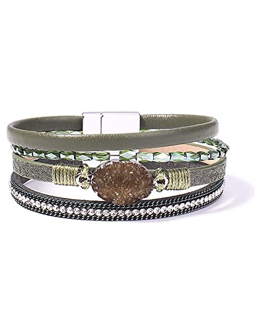 FANCY SHINY Leather Wrap Bracelet Boho Cuff Bracelets Crystal Bead Bracelet with Magnetic Clasp Jewelry Gifts for Women Teen Girls