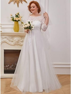 Womens Plus Size Long Sleeve Sweetheart Illusion Neckline Simple Wedding Dress 0229-PZ