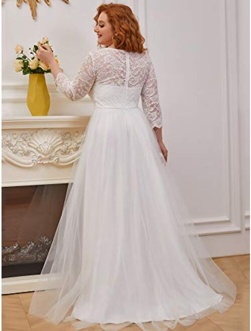 Ever-Pretty Womens Plus Size Long Sleeve Sweetheart Illusion Neckline Simple Wedding Dress 0229-PZ