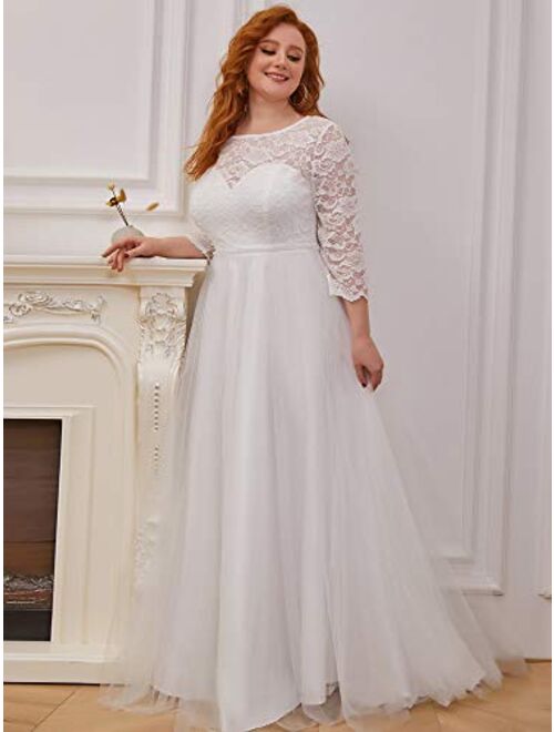 Ever-Pretty Womens Plus Size Long Sleeve Sweetheart Illusion Neckline Simple Wedding Dress 0229-PZ