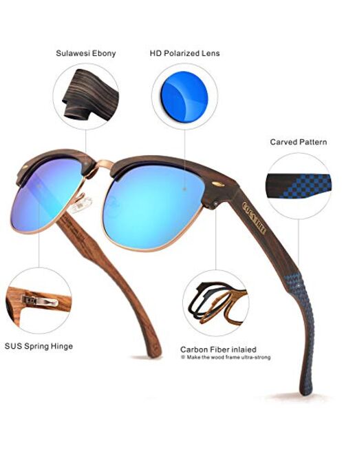 HD Mirrored Polarized Wood Sunglasses for Men and Women UV400 Protection Sports Half Rim Classic Retro COCA TREE