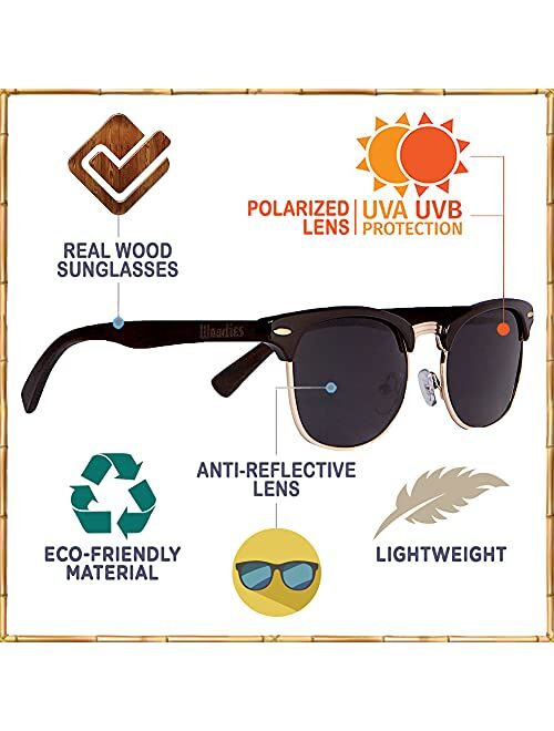 WOODIES Polarized Half-Rim Ebony Wood Sunglasses for Men and Women | Black Polarized Lenses and Real Wooden Frame | 100% UVA/UVB Ray Protection