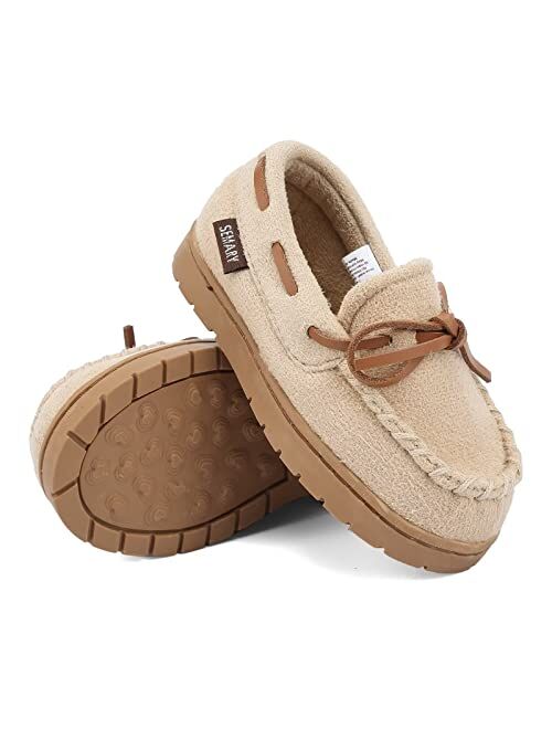 SEMARY Toddler Kids Moccasin House Shoes Slippers with Memory Foam Slip On Sole Protection Slipper for Boys Girls Indoor Outdoor