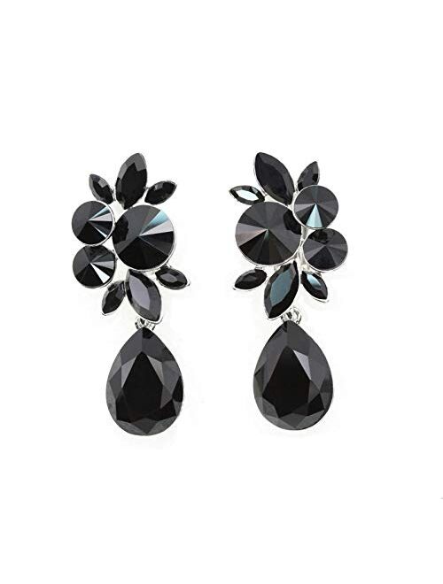 Faship Gorgeous Rhinestone Crystal Dangling Floral Clip On Earrings For Women