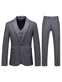 Mens 3 Piece Tweed Suit Plaid Slim Fit Suits for Men One Button Suit Tuxedo Set (Blazer+Vest+Pants)