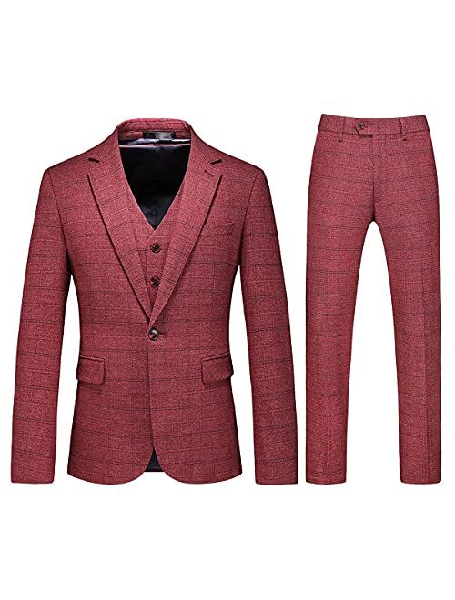 Mens 3 Piece Tweed Suit Plaid Slim Fit Suits for Men One Button Suit Tuxedo Set (Blazer+Vest+Pants)