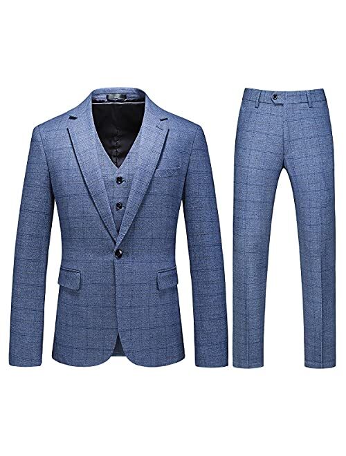 Mens 3 Piece Tweed Suit Plaid Slim Fit Suits for Men One Button Suit Tuxedo Set (Blazer+Vest+Pants)