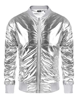 Men's Metallic 70s Disco Party Varsity Jacket Button Zip-up Baseball Bomber