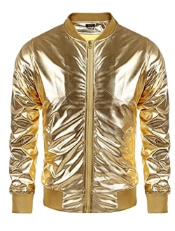 Men's Metallic 70s Disco Party Varsity Jacket Button Zip-up Baseball Bomber