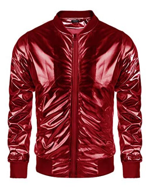 COOFANDY Men's Metallic 70s Disco Party Varsity Jacket Button Zip-up Baseball Bomber