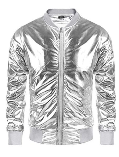 COOFANDY Men's Metallic 70s Disco Party Varsity Jacket Button Zip-up Baseball Bomber