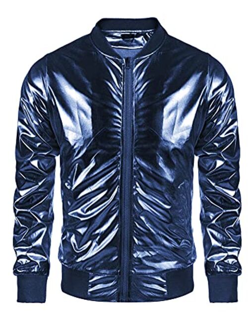 COOFANDY Men's Metallic 70s Disco Party Varsity Jacket Button Zip-up Baseball Bomber