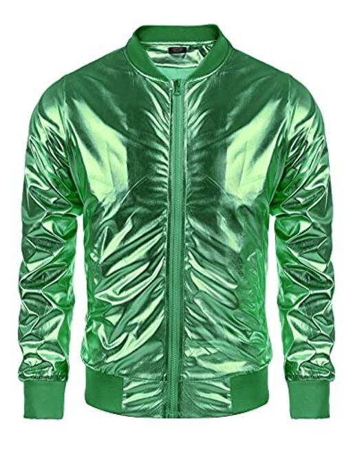 COOFANDY Men's Metallic 70s Disco Party Varsity Jacket Button Zip-up Baseball Bomber