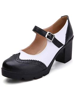 Women's Leather Classic Platform Mid Heel Mary Jane Square Toe Oxfords Dress Shoes