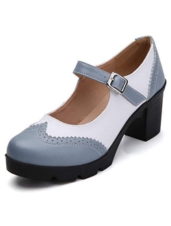 Women's Leather Classic Platform Mid Heel Mary Jane Square Toe Oxfords Dress Shoes