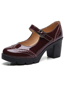 Women's Leather Classic Platform Mid Heel Mary Jane Square Toe Oxfords Dress Shoes