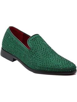  ELANROMAN Black Suede Loafers Men's Fashion Tuxedo Rhinestones  Slip-on Moccasins Wedding Shoes US 7