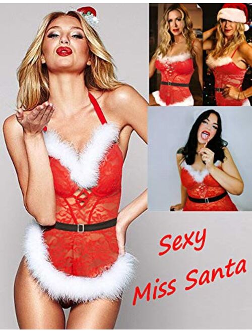 Avidlove Christmas Lingerie for Women Santa Lingerie Set Babydoll Lace Chemise